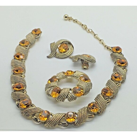 Coro  Pegasus Parure Set  Amber Topaz Necklace Bracelet Brooch Clip On Earrings - Picture 3 of 9